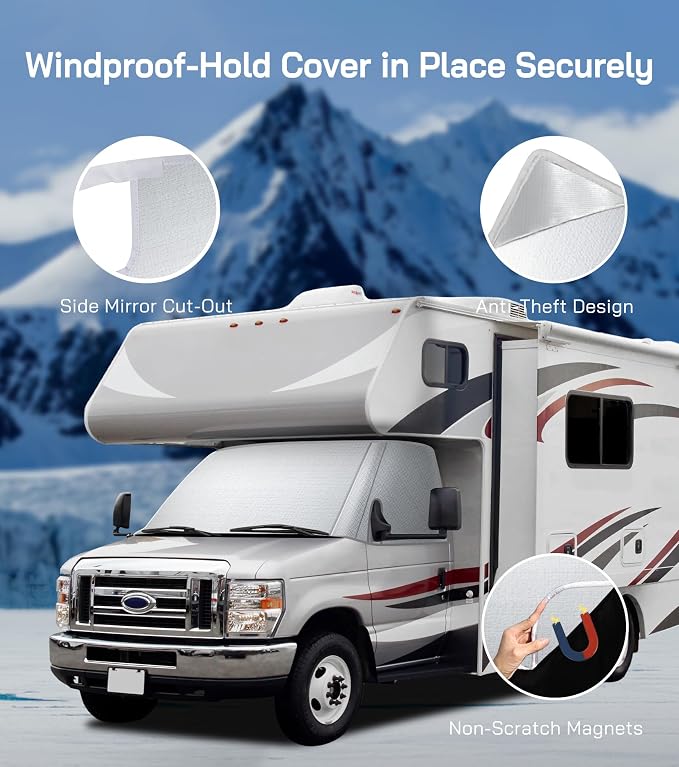 RV Windshield Cover for Ford E450,E350,E250,Econoline,Club Wagon 1997-2026 Motorhome,Thick Oxford Front Window Sunshade Cover, Class C RV Windshield Shade for Ice & Snow,with Mirror Cutouts