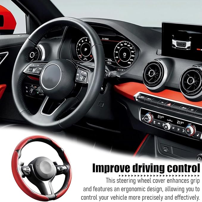 3PCS/Set Car Steering Wheel Cover, Leather Segmented Anti-Slip Automotive Wheel Protector, Soft Breathable Vehicle Steering Protection Covers, Universal Interior Accessories (Red)