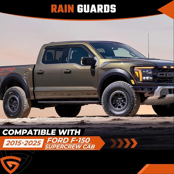 Rain Guards Fit for Ford F-150 SUPERCREW CAB 2015 2016 2017 2018 2019 2020 2021 2022 2023 2024 2025 2026, Tape-on Durable Side Window Sun Wind Deflectors 2015-2026 F150 Rain Guard Black 4 PCS