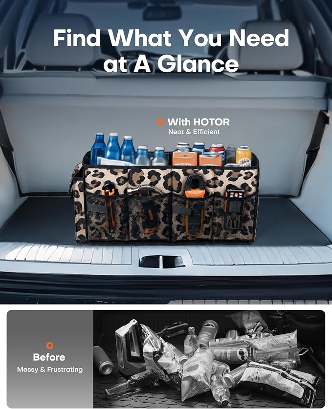 Trunk Organizer - Car Organizer, Foldable Trunk organizer for SUVs & Sedans, Sturdy Car Organization for Car Accessories, Tools, Sundries, Leopard, 2 Compartments, 21.3"×12.6"×10.6"