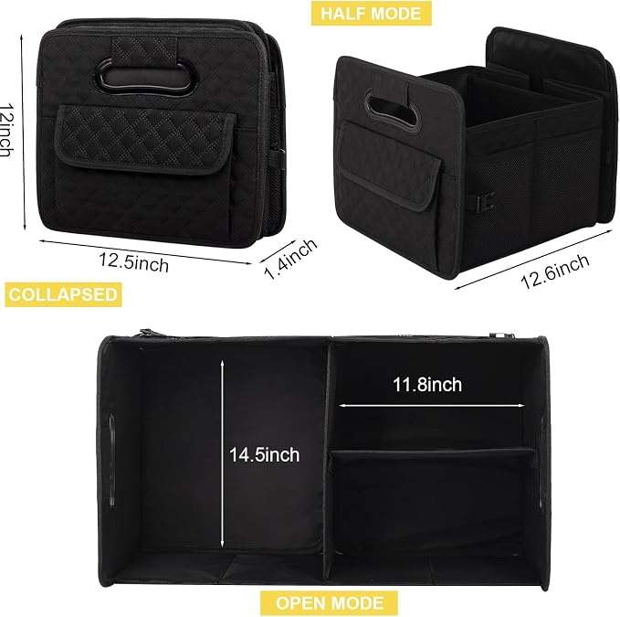 Car Trunk Organizer for SUV, Car Storage Organizer Collapsible Multi Compartment Container Box, Adjustable Car Accessories for Women/Men, Large Black