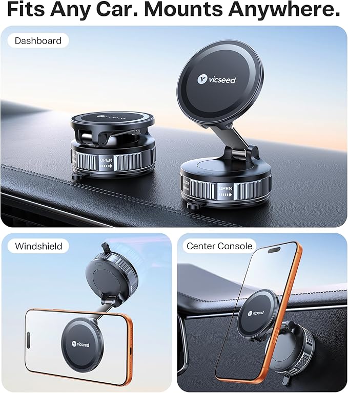 Ultimate for Magsafe Car Mount [98+LBS Strongest Suction] 360° Vacuum Magnetic Phone Holders for Your Car Metal Arm Foldable Cellphone Mount for iPhone 17 16 15 14 13 12 Pro Max Air Android