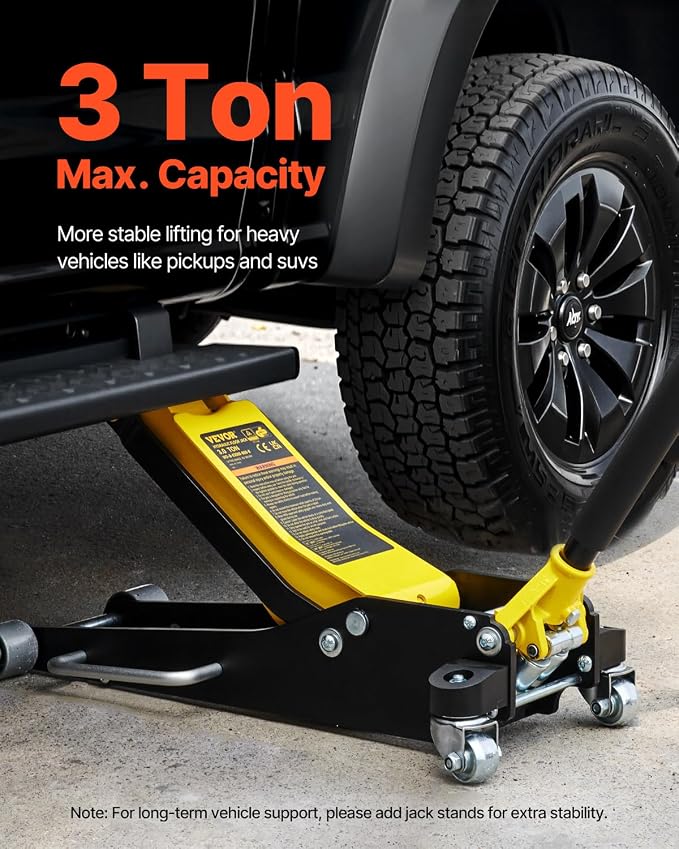3 Ton Low Profile Aluminum & Steel Racing Floor Jack | Dual Pistons Quick Lift Pump, Sport Utility Vehicle, Lifting Range 3-6/11"-19-11/16", Yellow & Black