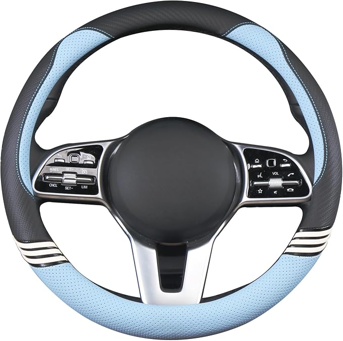 Cute Steering Wheel Cover for Women Men Leather Universal 15 inch,Black and Blue