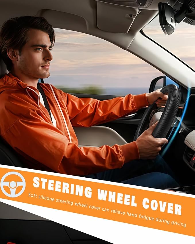 Car Steering Wheel Cover, Thin Anti-Skid Silicone Steering Wheel Cover for Men & Women, Universal Automotive Interior Accessories for Most Cars (Black)