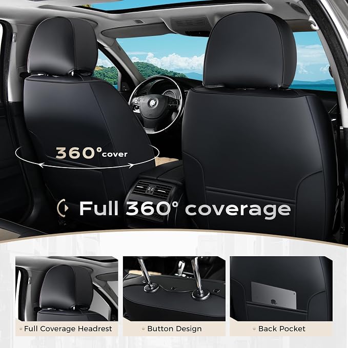 Coverado Car Seat Covers Front Seats, Durable Waterproof Faux Leather Full Set with Rear Protectors, Classic Easy-Clean Interior for Most Vehicles – BlackBeige
