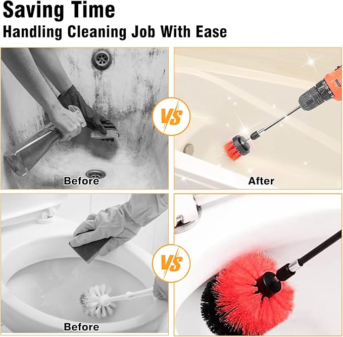 8 Pcs Drill Brush Attachment Set, Power Cleaning Scrub Brush Kit with Extend Long Attachment, All Purpose Drill Scrub Brushes for Car, Grout, Floor, Tub, Bathroom and Kitchen (red)