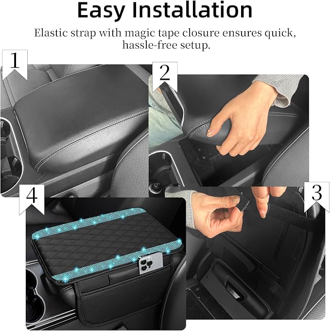 Bling Car Center Console Cover, Leather Car Arm Rest Cover Cushion with 2 Storage Bags, Universal Auto Armrest Protector Storage Box, Bling Accessories Interior for Most Vehicles (Aquamarine)