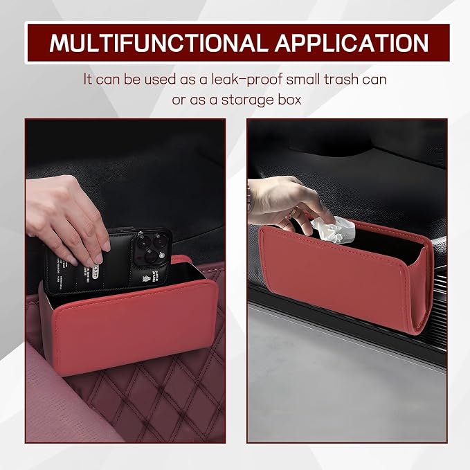 Car Trash Can, Leather Waterproof Automotive Garbage Can with Trash Bag, Hanging Mini Vehicle Trash Bin, Small Auto Door Organizer Storage Pouch, Universal Car Accessories (Wine Red)