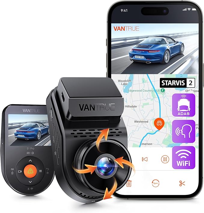 S1 Pro Dash Cam Front STARVIS 2, 2.7K Mini Dash Camera for Cars, ADAS, App Control, Built-in WiFi GPS, G-Sensor, Loop Recording, Night Vision, 24H Parking Mode, 158°, 2" IPS, Support 1TB Max