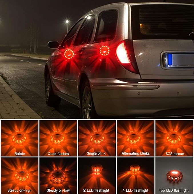 AK [8 Pack LED Road Flares Safety Flashing Warning Light Roadside Emergency Disc Beacon Kit for Vehicles Boats with Magnetic Base & Hook, Premium Storage Bag (Batteries Not Included) (8)