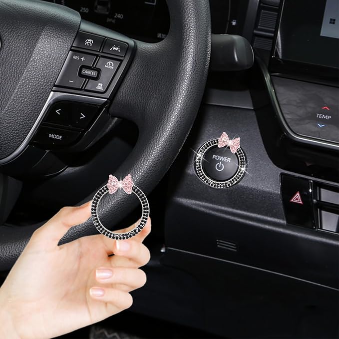 ORIESSE Bow Car Accessories,Pink Bow Tie Push Start Button Rhinestone Ring,Black Engine Start Stop Button Ring Car Decor,Bling Girly Ignition Charm