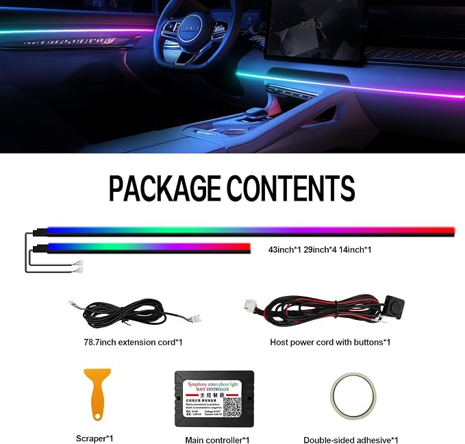 Dreamcolor Acrylic Interior Car Lights, Car Accessories 2 in 1 Car LED Strip Lights with APP Control and 213 Modes, Car Center Console Fiber Optic Lights, RGB Neon Light Kits