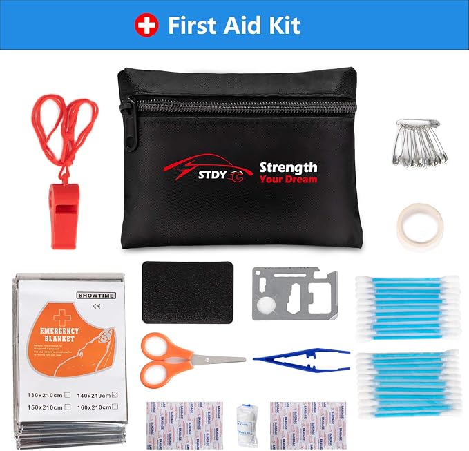 Car Roadside Emergency Kit, Vehicle Truck Safety Road Side Assistance Kits Auto Accessory, with Jumper Cables, Tow Rope, Reflective Triangle, Tire Pressure Gauge, etc