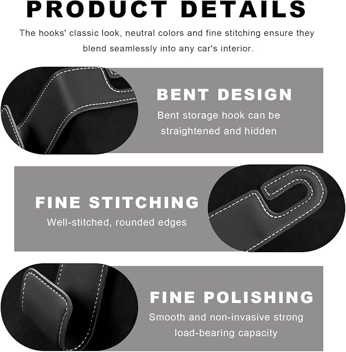 2 PCS Car Seat Headrest Hook, Microfiber Leather Purse Hooks Back Seat Storage Organizer, Auto Interior Headrest Holder for Hanging Bag Coat Grocery, Car Accessories (Black)