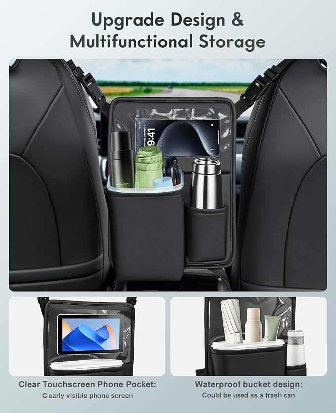 Car Organizer Storage Between Seats, Premium Leather Car Mesh Organizer with Waterproof Cup Holder, Car Hanging Storage Bag Pocket Between Seats