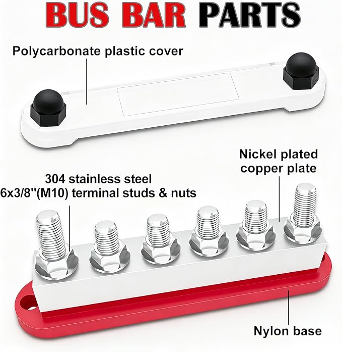 650A Marine Bus Bar Heavy Duty Power Distribution Block, Battery Busbar, Automotive Buss bar Terminal Block with 6X 3/8" (M10) Studs for Car, Boat and Solar Wiring (Black+Red)