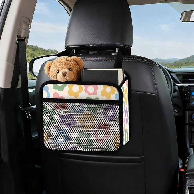 Car Backseat Organizer - Cute Aesthetic Car Storage Bin with Mesh Pocket & Reinforced Base - Universal Fit Hanging Seat Back Accessories for Women (Pastel)