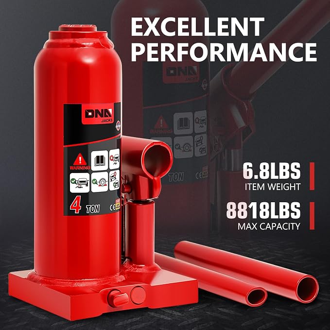 4 Ton / 8000 lbs Lifting Automotive Welded Hydraulic Bottle Jack for Car SUV Pickup, Auto Repair, with Manual Handle & Carrying Storage Case, Red