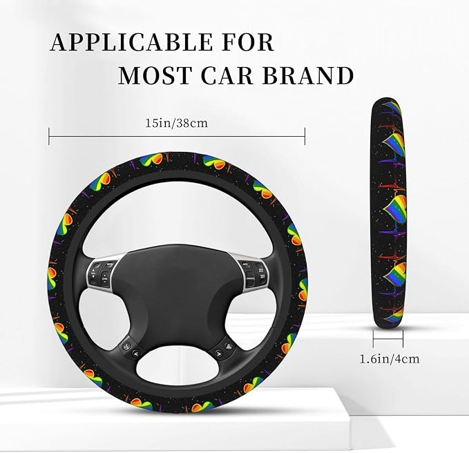 Rainbow Steering Wheel Cover Anti-Slip and Practical 14.5-15 Inch Universal Car Steering Wheel Cover with 2 Pieces Car Coasters Suitable for Men Women