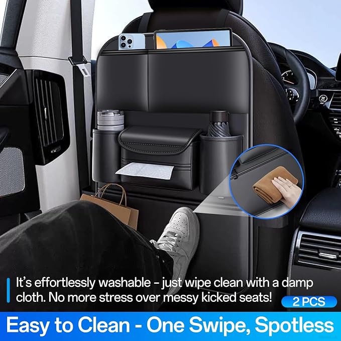 Backseat Car Organizer Leather Back of Seat Car Organizers | Seat Back Protector for Drivers with Large Capacity 6 Storage Pockets Waterproof Kick Mats, 2 Pack