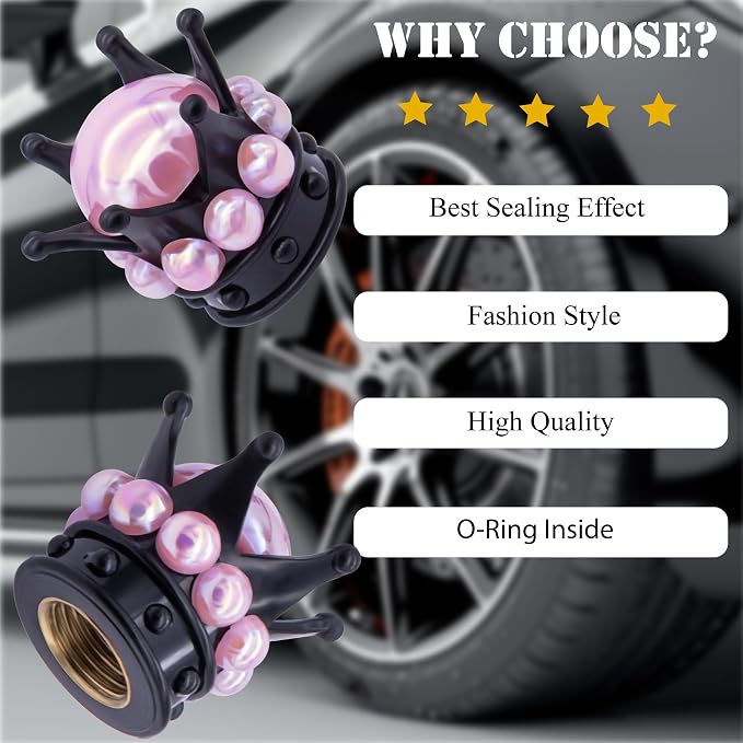 4PCS Crown Bling Tire Stem Valve Caps, Crystal Diamond Tire Air Cap Set Universal Copper Core Stem Covers for Cars, SUV, Trucks, Bikes, Motorcycles, Bicycles (Black & Pink)