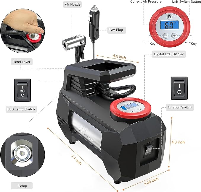 HAUSBELL Tire Inflator 150PSI Portable Air Compressor | 12V DC, 35L/Min fast inflation for SUV, Sedan & more. Digital gauge with auto shut-off. LED light for roadside & night use.