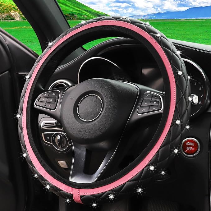 Bling Car Steering Wheel Cover, Non-Slip Elastic Stretch Leather Auto Steering Wheel Protector, Sparkling Diamond Vehicle Decor Accessories for Women Girls, Universal for Vehicles (Pink)