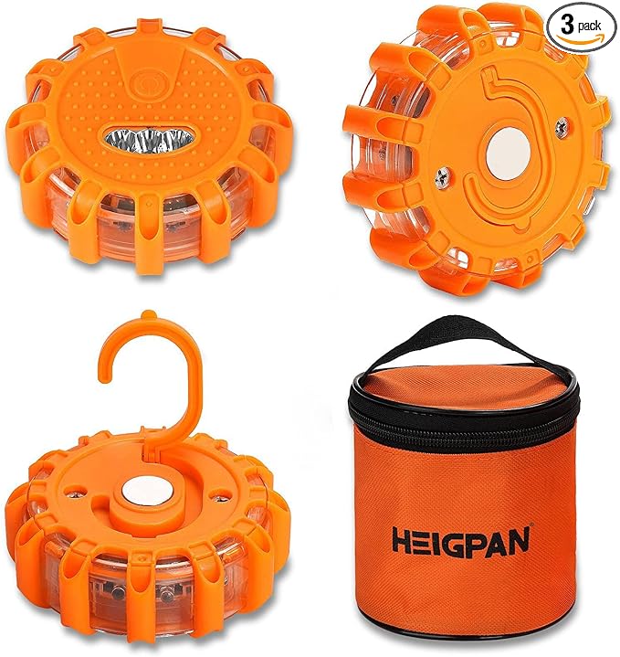 GP903 LED Road Flares Safety Flashing Warning Lights, Magnetic Base Hook Carrying Bag 9 Flash Modes, for Car Truck Boat 3Pack(Batteries not Included) Orange