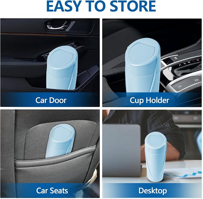 Mini Car Trash Can with Lid, Portable Garbage Can for Car, Leakproof Cup Holder Automotive Garbage Bin with 2 Rolls of Trash Bags, Small Trash Storage Can for Car Home Office(Light Blue)