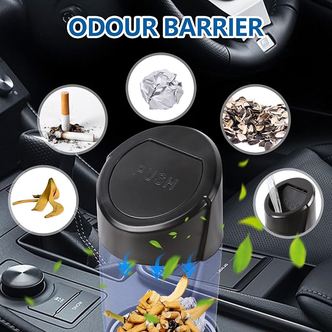 Mini Car Trash Can with Lid, Portable Garbage Can for Car, Leakproof Cup Holder Automotive Garbage Bin with 2 Rolls of Trash Bags, Small Trash Storage Can for Car Home Office(Black)