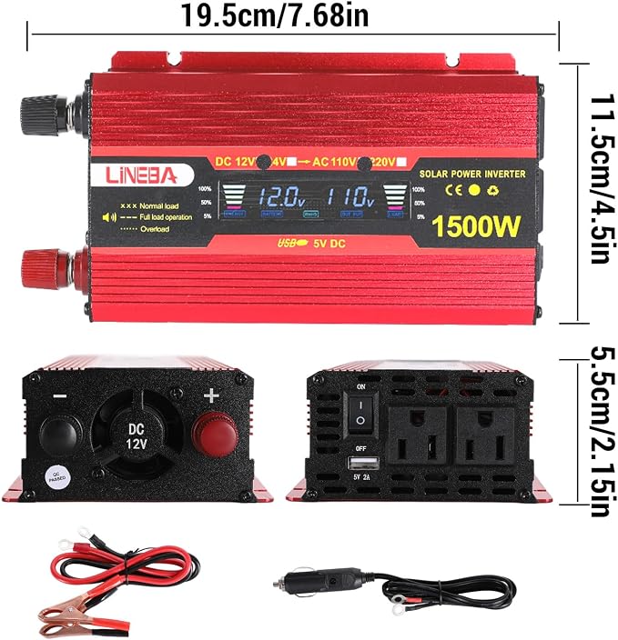 1500 Watt Power Inverter with LED Display,Dual AC Outlets,USB Port, 12V DC to 110V AC Converter Car Power Inverter for Vehicles, Car, RV, Truck, Off Grid Solar System, Outdoor Camping