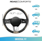 Steering Wheel Cover - Made with PVC Leather and Leopard Fabric - Universal 14 1/2 inches to 15 inches for Most Automotive Steering Wheel - Cheetah Print - Black