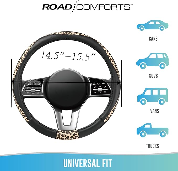 Steering Wheel Cover - Made with PVC Leather and Leopard Fabric - Universal 14 1/2 inches to 15 inches for Most Automotive Steering Wheel - Cheetah Print - Black