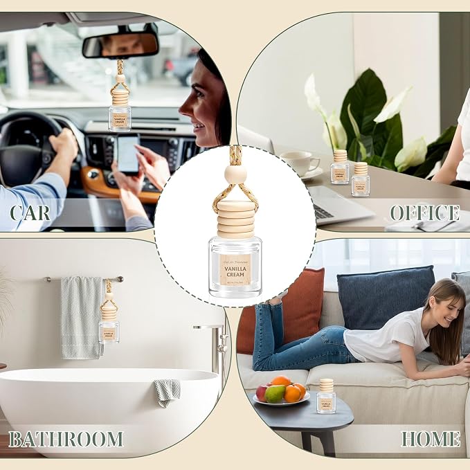 Hanging Car Air Freshener, 6 Pack Vanilla Cream Long Lasting & Refillable Air Freshener, Natural Plant Essential Oil Fragrance Aromatherapy Diffuser, Car Accessories Interior Set for Women & Men