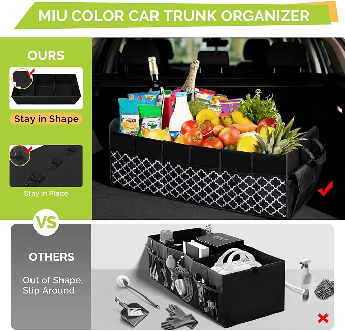 Trunk Organizer for SUV, Car Organizer, Collapsible Trunk Organizer for Car, Non-Slip Storage Organizer for Sedans, Van, Jeep, Grocery, Large 4 Compartments, Black Grid 32"×13"×12"