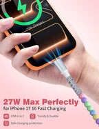 USB A to USB C Cable 2Pack 3FT,Beaded Phone Charger Cord for iPhone 17 16 Pro Max 17e 15 Car play,Type C Cute Car Charger Charging Cord for iPad 10 11th A16/Samsung S26 S25 S24 S23/Android Girls Women
