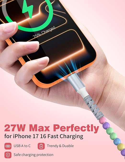 USB A to USB C Cable 2Pack 3FT,Beaded Phone Charger Cord for iPhone 17 16 Pro Max 17e 15 Car play,Type C Cute Car Charger Charging Cord for iPad 10 11th A16/Samsung S26 S25 S24 S23/Android Girls Women