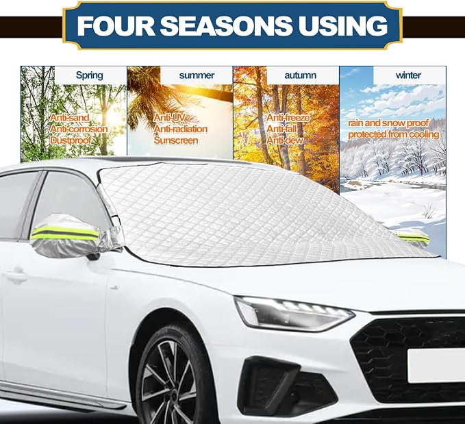 Car Windshield Snow Cover with Side Mirror and Hook, Winter Windshield Sun Shade Foldable, Magnetic Windshield Cover for Ice and Snow, Fit for Car/SUV, Pickup truck, 62"x50" Silver