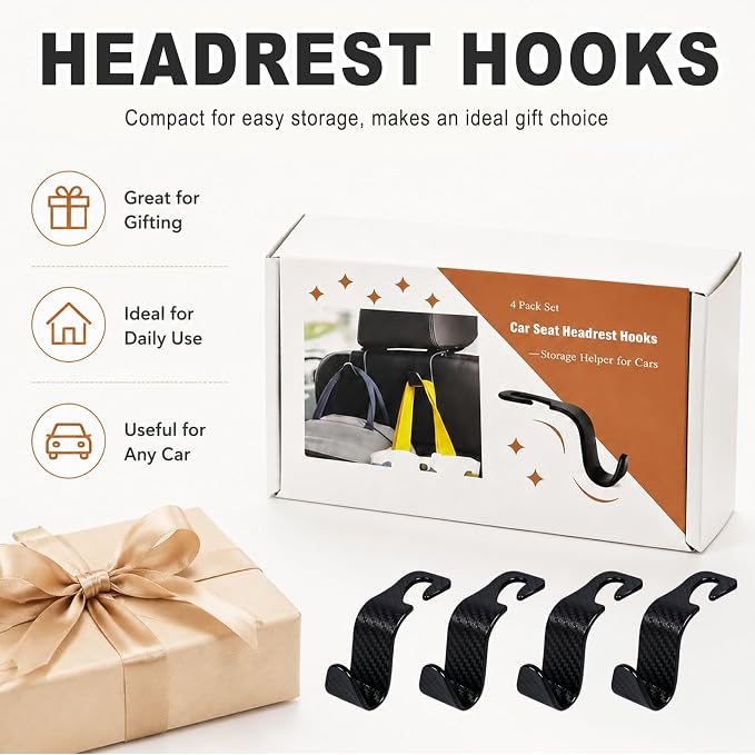 Car Seat Hooks for Headrest 4 Pack, Car Seat Back Storage Hook, Universal Vehicle Headrest Hanger for Purse, Handbag, Coat, Umbrella, Grocery Bags, Practical Interior Accessories