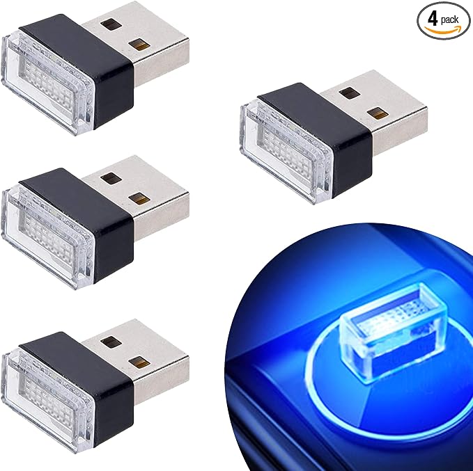4Pcs Blue USB Car Interior Atmosphere Lamps, Universal Mini Led USB Lights for Car Decoration, Lighting
