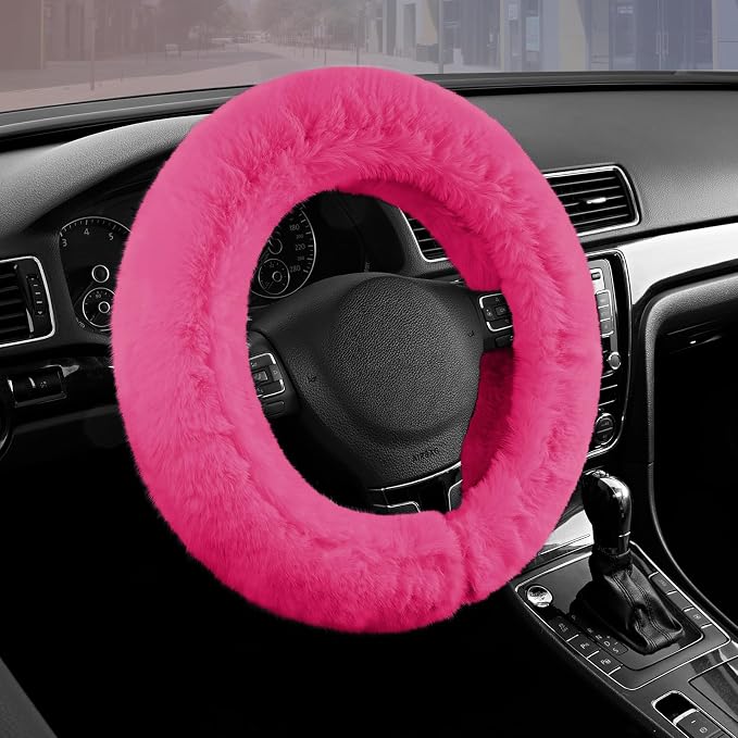 Steering Wheel Cover, Fluffy Car Wheel Covers for Women/Girls/Ladies，Soft Wool Fur Steering Wheel Protector, Universal 14 1/2 inches to 15 inches - HotPink