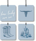 Dusty Blue Boho Western Orange Car Air Freshener 4 Pcs, Cow Skull Cactus Cowgirl Boots Square Hanging Air Freshener for Closet Drawer Books, Western Car Accessories Mirror Decor for Women