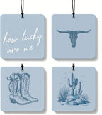 Dusty Blue Boho Western Orange Car Air Freshener 4 Pcs, Cow Skull Cactus Cowgirl Boots Square Hanging Air Freshener for Closet Drawer Books, Western Car Accessories Mirror Decor for Women