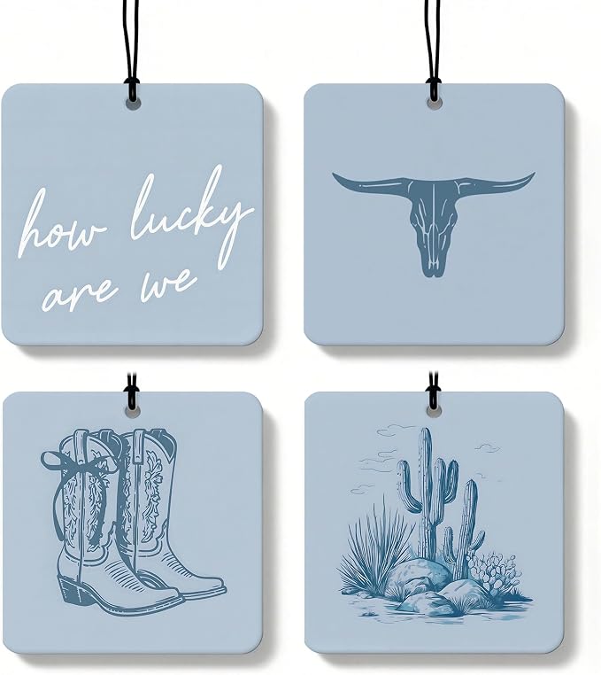 Dusty Blue Boho Western Orange Car Air Freshener 4 Pcs, Cow Skull Cactus Cowgirl Boots Square Hanging Air Freshener for Closet Drawer Books, Western Car Accessories Mirror Decor for Women