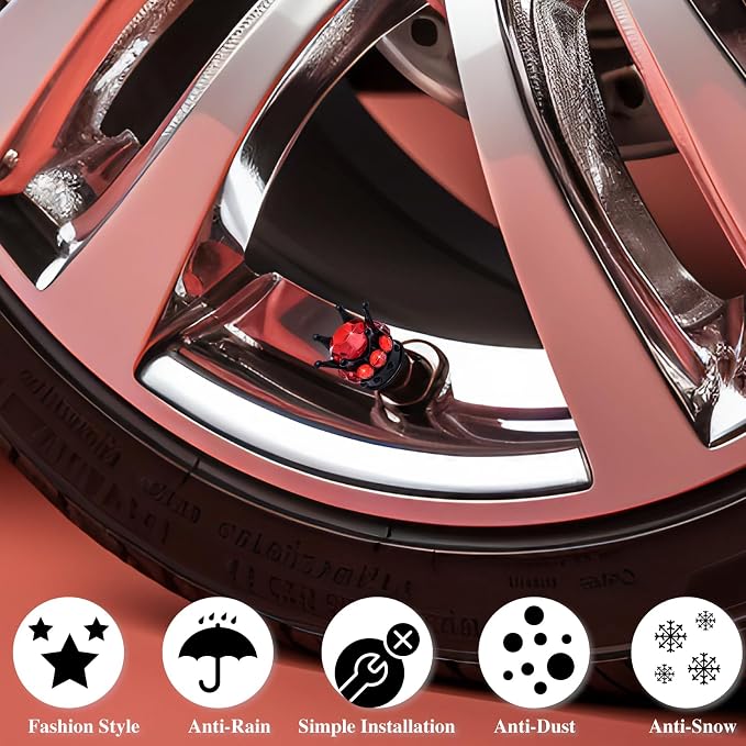 4PCS Crown Bling Tire Stem Valve Caps, Crystal Diamond Car Wheel Tire Valve Caps Universal Copper Core Stem Covers for Cars, SUV, Trucks, Bikes, Motorcycles, Bicycles (Black & Red)
