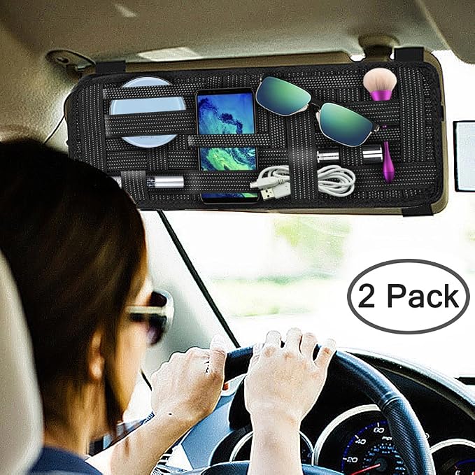 2 Packs Car Sun Visor Organizer, Car Visor Storage Anti-Slip Elastic Woven Board for Sunglass Holder Parking Fuel Card Digital Accessories
