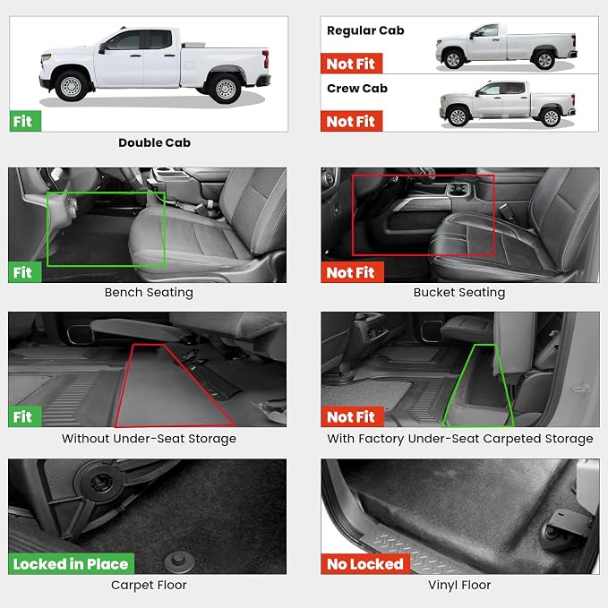 Floor Mats 2019-2026 for Chevy Silverado/GMC Sierra 1500, 2020-2026 2500HD 3500HD (Double Cab/Bench Seat/Without Rear Underseat Storage Box) All Weather TPE Custom Fit Floor Liners