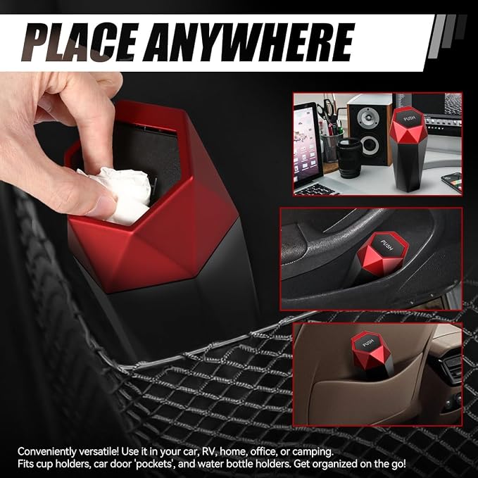 Car Trash Can with Lid, Red Car Garbage Can Cup Holder for Interior, 2 Pack Mini Leakproof Garbage Can, Multipurpose Storage Organizer for Vehicle Home Office