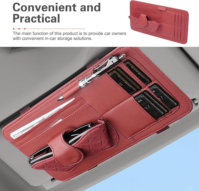 Car Sun Visor Organizer, Multi-Function Leather Car Visor Storage Pouch for Sunglasses Cards Licenses Pens, Multi-Pocket Visor Organizer, Universal for SUV, Sedan, Truck (Red)